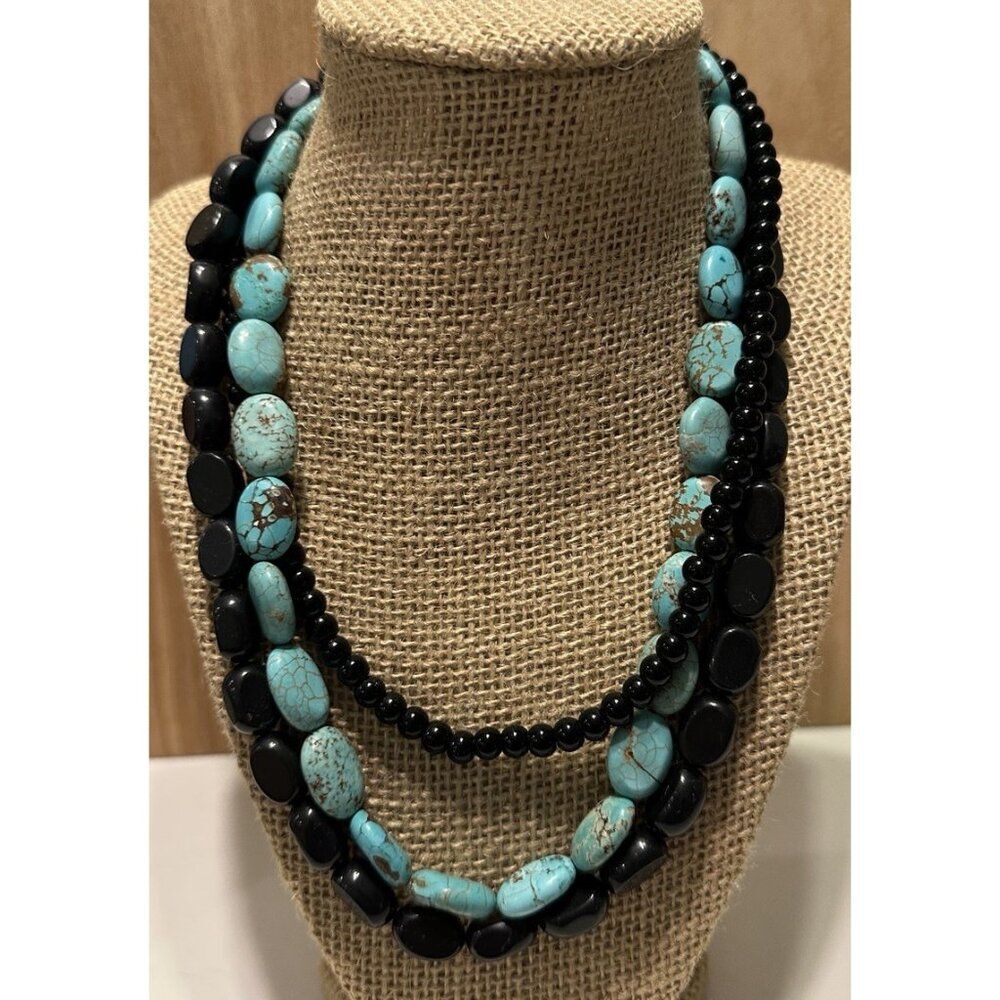 MultiStrand Turquoise Faux Nugget Bead Necklace Chunky Black Onyx Boho Statement